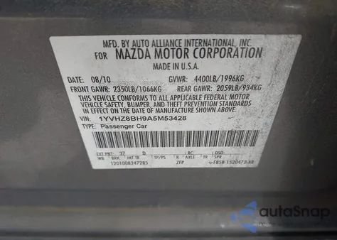 2010 Mazda Mazda6 I Sport из США, поврежденный, VIN 1YVHZ8BH9A5M53428